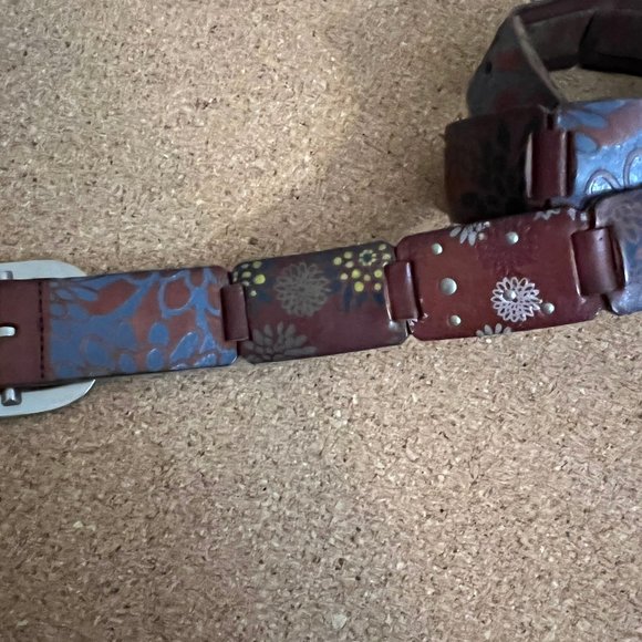 Vintage Leather Floral Stamped and Link Patchwork Style Belt Hippie Boho sz L - Picture 5 of 10